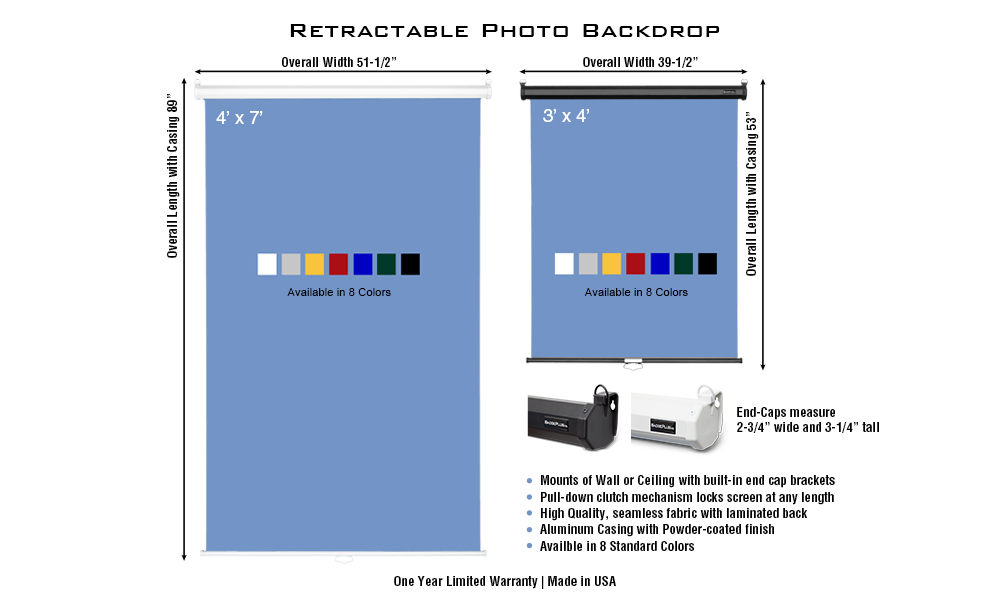 4’ x 7’ Light Blue Retractable Backdrop for Full Height Photos, Black Casing 4 RPB Spec Sheet