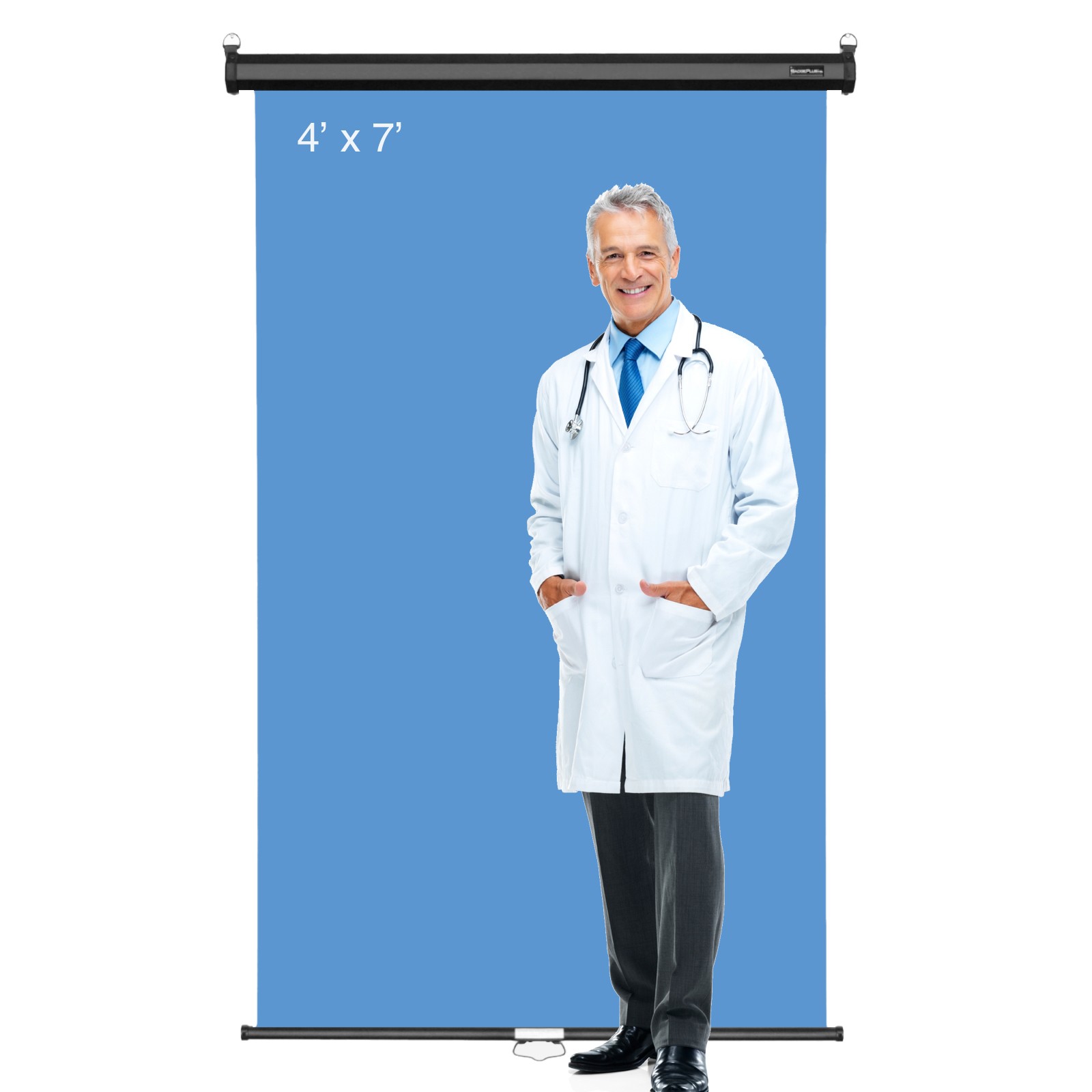 4’ x 7’ Light Blue Retractable Backdrop for Full Height Photos, Black Casing 1